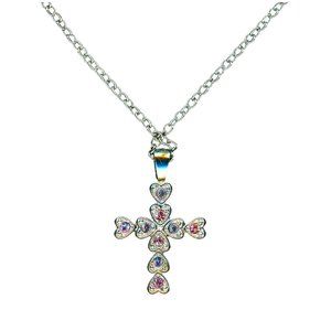 Cookie Lee Child's Cross Made of Hearts in Pink & Purple crystals